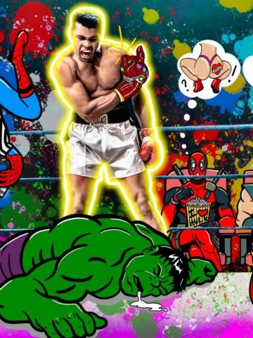 Hulk steso da Muhammad Alì su tela o carta: colori vivaci e stile divertente per un arredo moderno. Disponibile in vari formati perfetta come regalo unico.