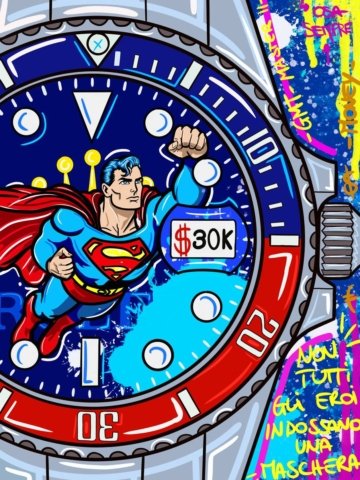 Aggiungi un tocco di originalità ai tuoi spazi con la nostra esclusiva stampa pop art che immortala Superman sul quadrante di un Rolex. Questo design unico cattura lo spirito dell’arte moderna, mescolando simboli della cultura pop con uno stile vibrante e accattivante.