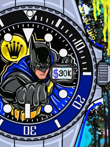 Ritratto pop art ispirato a Batman con orologio Rolex; stampa su tela o carta in vari formati, colori vivaci e stile grafico moderno.