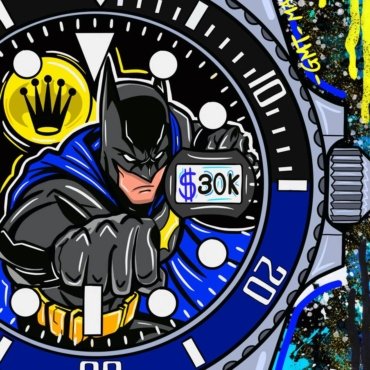 Ritratto pop art ispirato a Batman con orologio Rolex; stampa su tela o carta in vari formati, colori vivaci e stile grafico moderno.