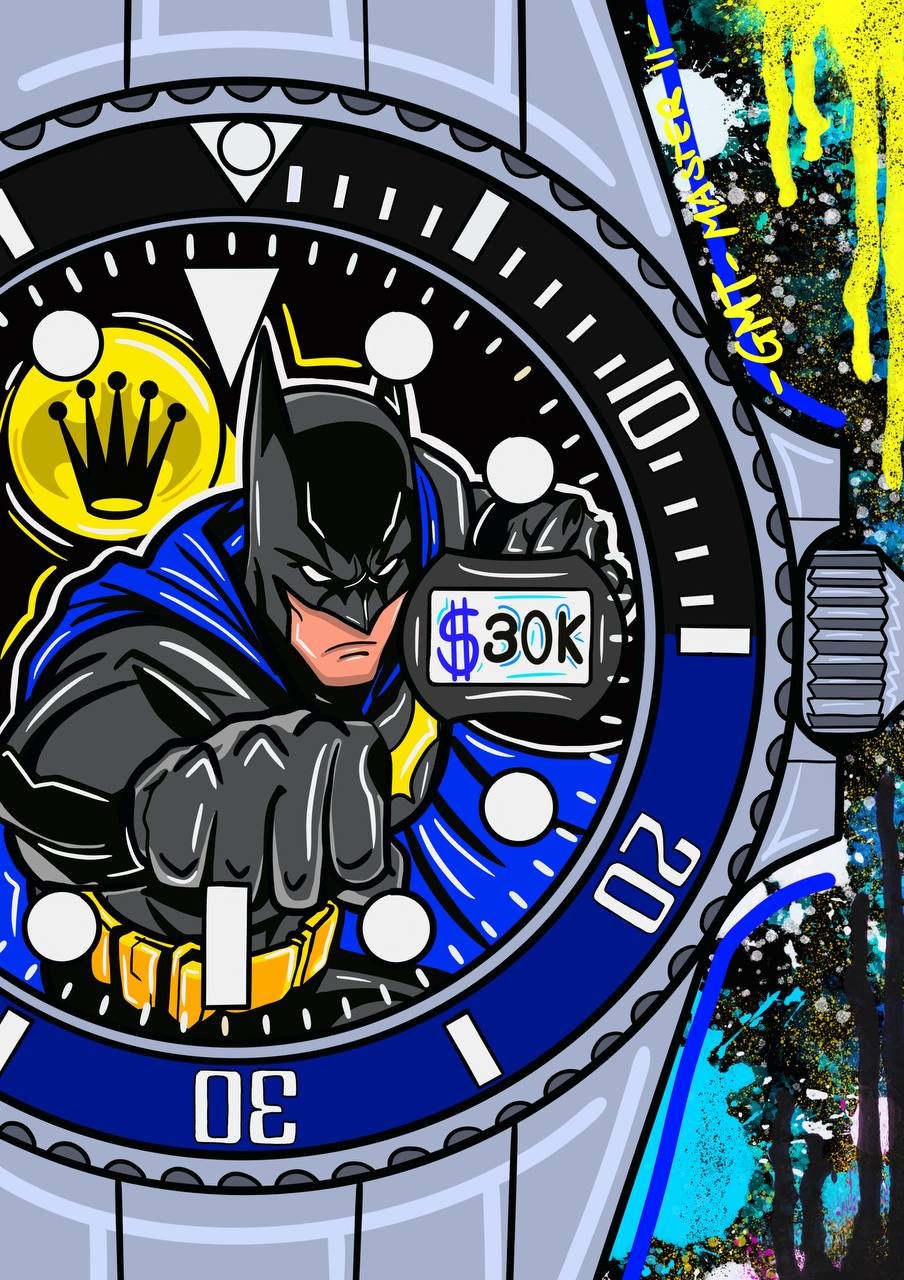Ritratto pop art ispirato a Batman con orologio Rolex; stampa su tela o carta in vari formati, colori vivaci e stile grafico moderno.