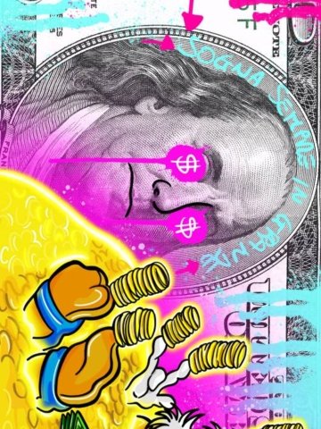 Illustrazione pop art di Paperon de' Paperoni su banconota; stampa alta qualità su tela o carta, perfetta per arredi eccentrici.