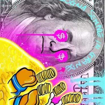 Illustrazione pop art di Paperon de' Paperoni su banconota; stampa alta qualità su tela o carta, perfetta per arredi eccentrici.