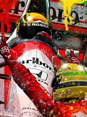 Ritratto pop art ispirato a un famoso pilota di Formula 1; stampa su tela o carta con colori saturi e forte impatto visivo.