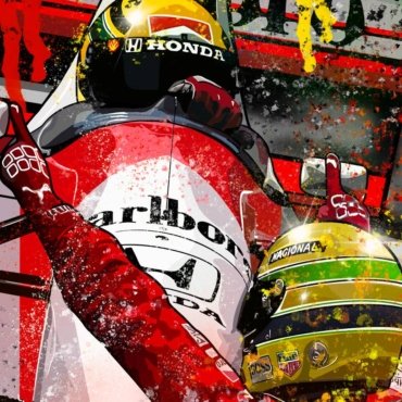 Ritratto pop art ispirato a un famoso pilota di Formula 1; stampa su tela o carta con colori saturi e forte impatto visivo.