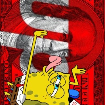 Interpretazione pop art di Spongebob in stile streetwear Superdry; stampa su tela o carta, ideale per ambienti giovani e dinamici.