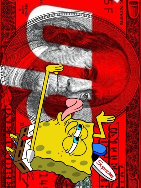 Interpretazione pop art di Spongebob in stile streetwear Superdry; stampa su tela o carta, ideale per ambienti giovani e dinamici.