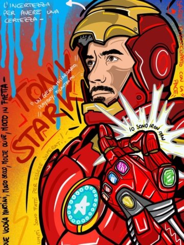Opera pop art ispirata a Iron Man; stampa su tela o carta con dettagli metallici e palette vivace.