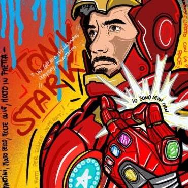 Opera pop art ispirata a Iron Man; stampa su tela o carta con dettagli metallici e palette vivace.