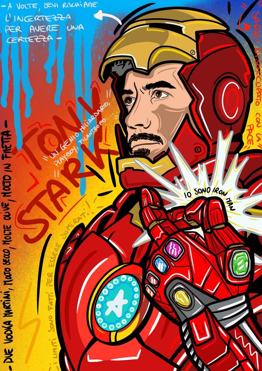 Opera pop art ispirata a Iron Man; stampa su tela o carta con dettagli metallici e palette vivace.