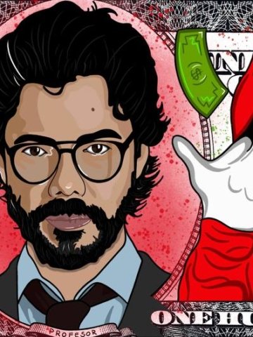 Poster pop art ispirato alla serie "Casa de Papel"; stampa su tela o carta con grafica accattivante e forte contrasto.