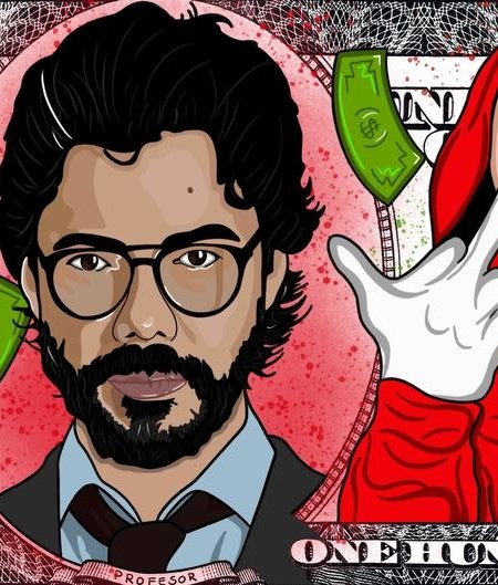 Poster pop art ispirato alla serie "Casa de Papel"; stampa su tela o carta con grafica accattivante e forte contrasto.