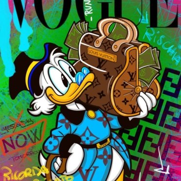 Variazione pop art di Paperon de' Paperoni sulla copertina Vogue; stampa su tela o carta, stile elegante e ironico.