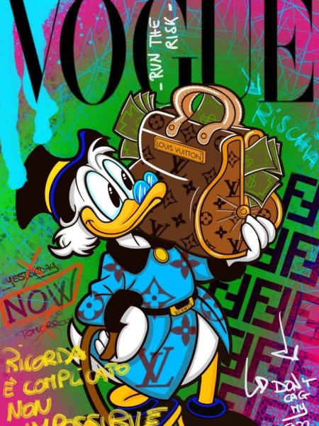 Variazione pop art di Paperon de' Paperoni sulla copertina Vogue; stampa su tela o carta, stile elegante e ironico.