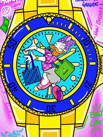 Illustrazione pop art di Paperina con orologio Rolex; stampa su tela o carta, mix di glamour e umorismo.