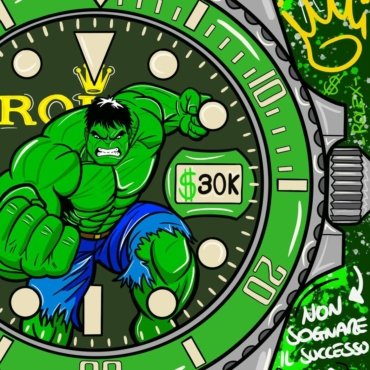 Composizione pop art con Hulk e orologio Rolex; stampa su tela o carta, contrasto tra forza e lusso.