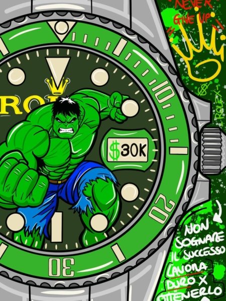 Composizione pop art con Hulk e orologio Rolex; stampa su tela o carta, contrasto tra forza e lusso.