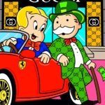 Illustrazione pop art che unisce Richie Rich, Mr. Monopoly e motivi Gucci; stampa su tela o carta, satira sul lusso.