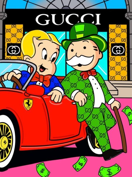 Illustrazione pop art che unisce Richie Rich, Mr. Monopoly e motivi Gucci; stampa su tela o carta, satira sul lusso.