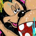 Interpretazione pop art di Topolino in chiave giocosa; stampa su tela o carta, stile moderno e ironico.