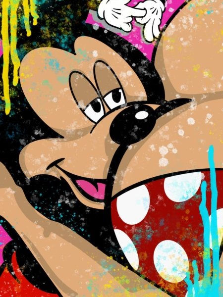 Interpretazione pop art di Topolino in chiave giocosa; stampa su tela o carta, stile moderno e ironico.