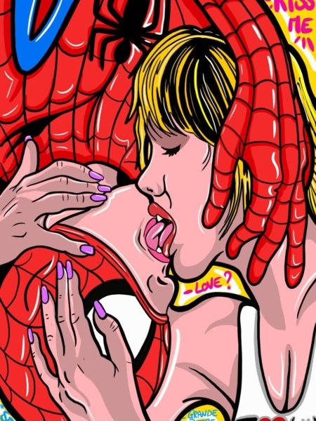 Scena pop art ispirata al bacio tra Spider-Man e Mary Jane Watson; stampa su tela o carta, romantica e dinamica.