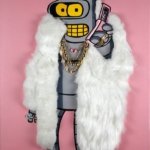 Dipinto a mano su tela raffigurante Bender in look luxury con pelliccia e gioielli. Opera pop art ironica, perfetta per collezionisti e interni creativi.