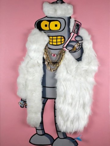 Dipinto a mano su tela raffigurante Bender in look luxury con pelliccia e gioielli. Opera pop art ironica, perfetta per collezionisti e interni creativi.