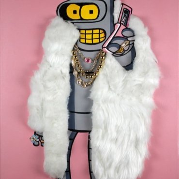 Dipinto a mano su tela raffigurante Bender in look luxury con pelliccia e gioielli. Opera pop art ironica, perfetta per collezionisti e interni creativi.