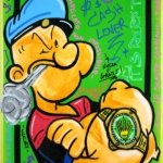 Dipinto a mano su tela raffigurante Braccio di Ferro in stile pop, colori vivaci. Opera dinamica e materica, ideale per interni creativi e collezionisti.