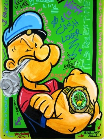 Dipinto a mano su tela raffigurante Braccio di Ferro in stile pop, colori vivaci. Opera dinamica e materica, ideale per interni creativi e collezionisti.