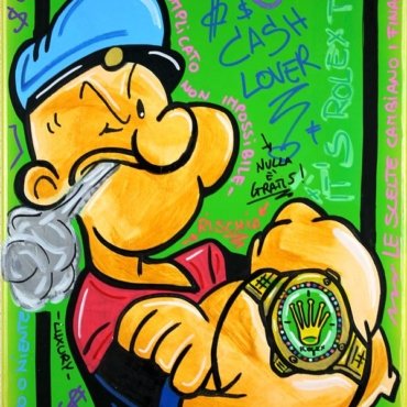 Dipinto a mano su tela raffigurante Braccio di Ferro in stile pop, colori vivaci. Opera dinamica e materica, ideale per interni creativi e collezionisti.