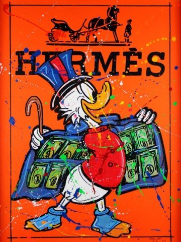 Dipinto a mano su tela in stile pop con personaggio cartoon luxury su sfondo arancione. Opera made in Italy, materiali di qualità, ideale come regalo.