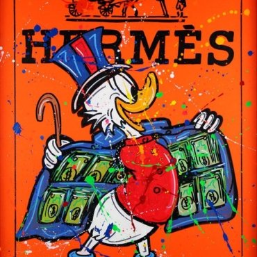 Dipinto a mano su tela in stile pop con personaggio cartoon luxury su sfondo arancione. Opera made in Italy, materiali di qualità, ideale come regalo.