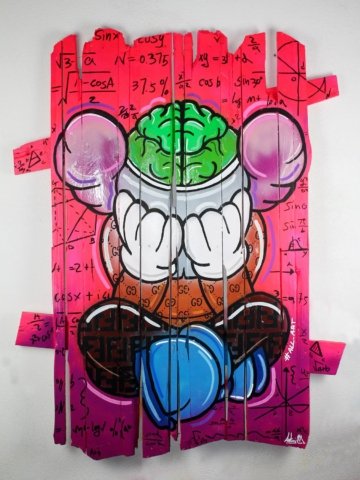 Opera pop art su assi di legno con motivo centrale a forma di cervello e colori vivaci. Pezzo materico e unico, ideale per interni creativi e collezioni.