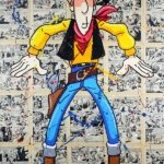 Dipinto a mano su tela con collage di fumetti e personaggio cowboy in stile pop. Opera colorata e ironica, ideale per interni creativi e come regalo.