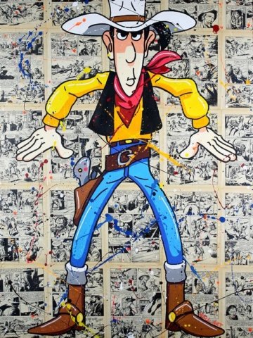 Dipinto a mano su tela con collage di fumetti e personaggio cowboy in stile pop. Opera colorata e ironica, ideale per interni creativi e come regalo.