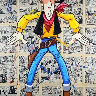 Dipinto a mano su tela con collage di fumetti e personaggio cowboy in stile pop. Opera colorata e ironica, ideale per interni creativi e come regalo.