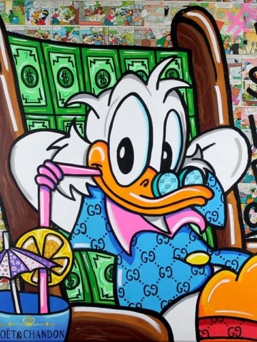 Dipinto a mano su tela con collage di fumetti, dettagli luxury e slogan grafico. Opera pop art made in Italy, ideale per ambienti creativi e come regalo.