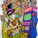 Dipinto a mano su tela raffigurante Paperon de' Paperoni tra monete e slot machine. Opera pop art, ideale per collezionisti e interni creativi.