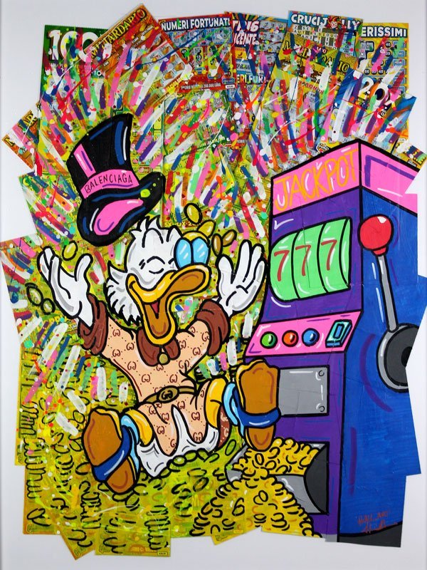 Dipinto a mano su tela raffigurante Paperon de' Paperoni tra monete e slot machine. Opera pop art, ideale per collezionisti e interni creativi.