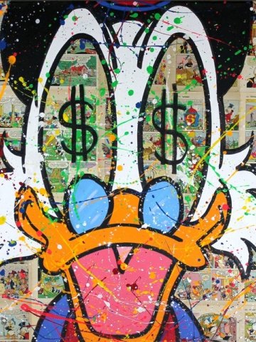 Dipinto a mano su tela con collage di fumetti e elementi finanziari. Arte pop made in Italy, materiali di qualità, perfetto come regalo originale.