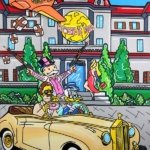 Dipinto a mano su tela in stile pop con scene Scarface e personaggi iconici, colori vivaci e ironia. Opera made in Italy, perfetta per interni creativi.