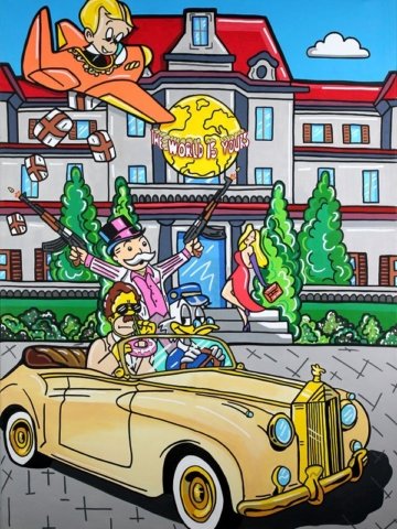 Dipinto a mano su tela in stile pop con scene Scarface e personaggi iconici, colori vivaci e ironia. Opera made in Italy, perfetta per interni creativi.