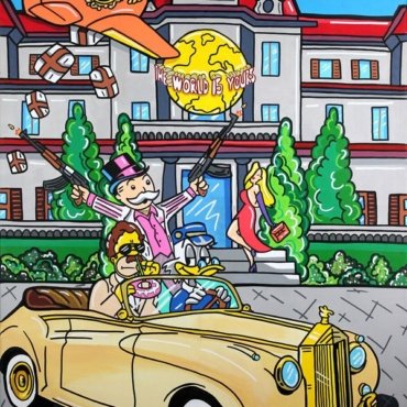 Dipinto a mano su tela in stile pop con scene Scarface e personaggi iconici, colori vivaci e ironia. Opera made in Italy, perfetta per interni creativi.