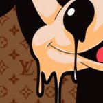 Pop art che fonde Topolino e motivi Louis Vuitton; stampa su tela o carta, design moda e nostalgia.