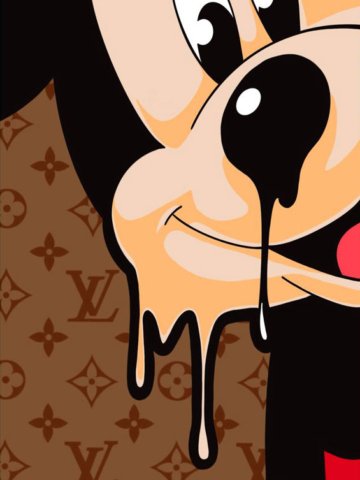 Pop art che fonde Topolino e motivi Louis Vuitton; stampa su tela o carta, design moda e nostalgia.